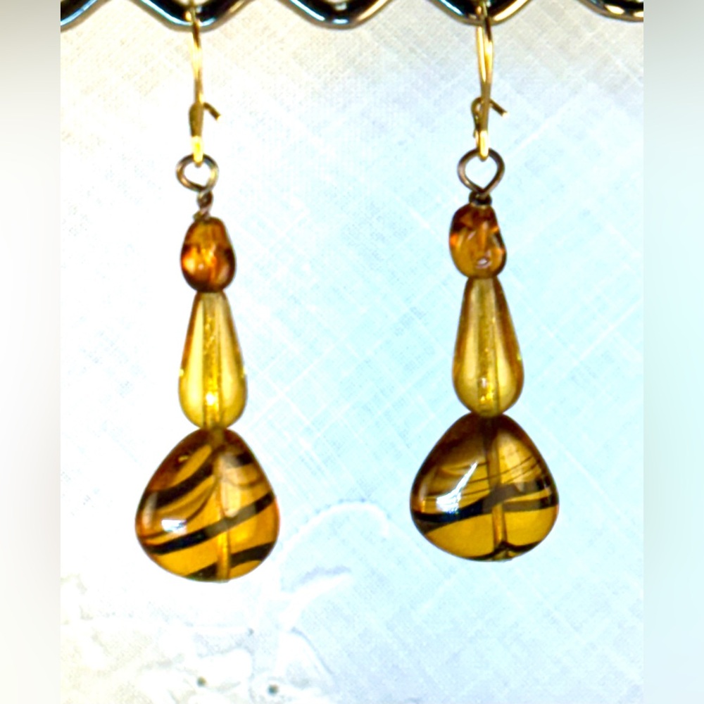 Earrings Pierced Handcrafted Unique Women’s Embedded Blown Glass Brown Beads